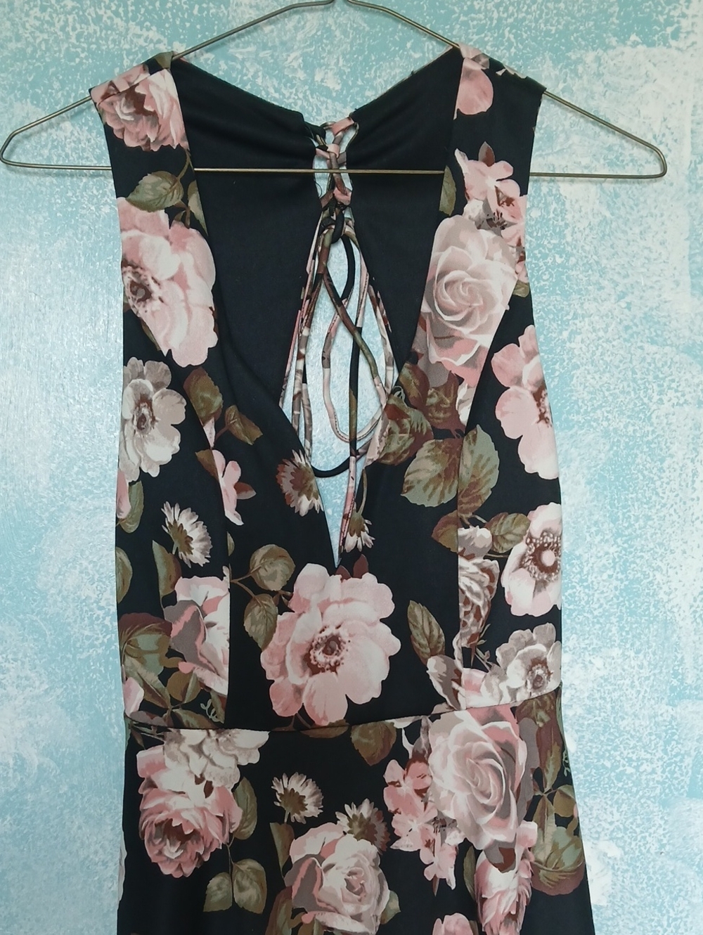 Black Floral Lace-Up Backless Dress with Pink Roses